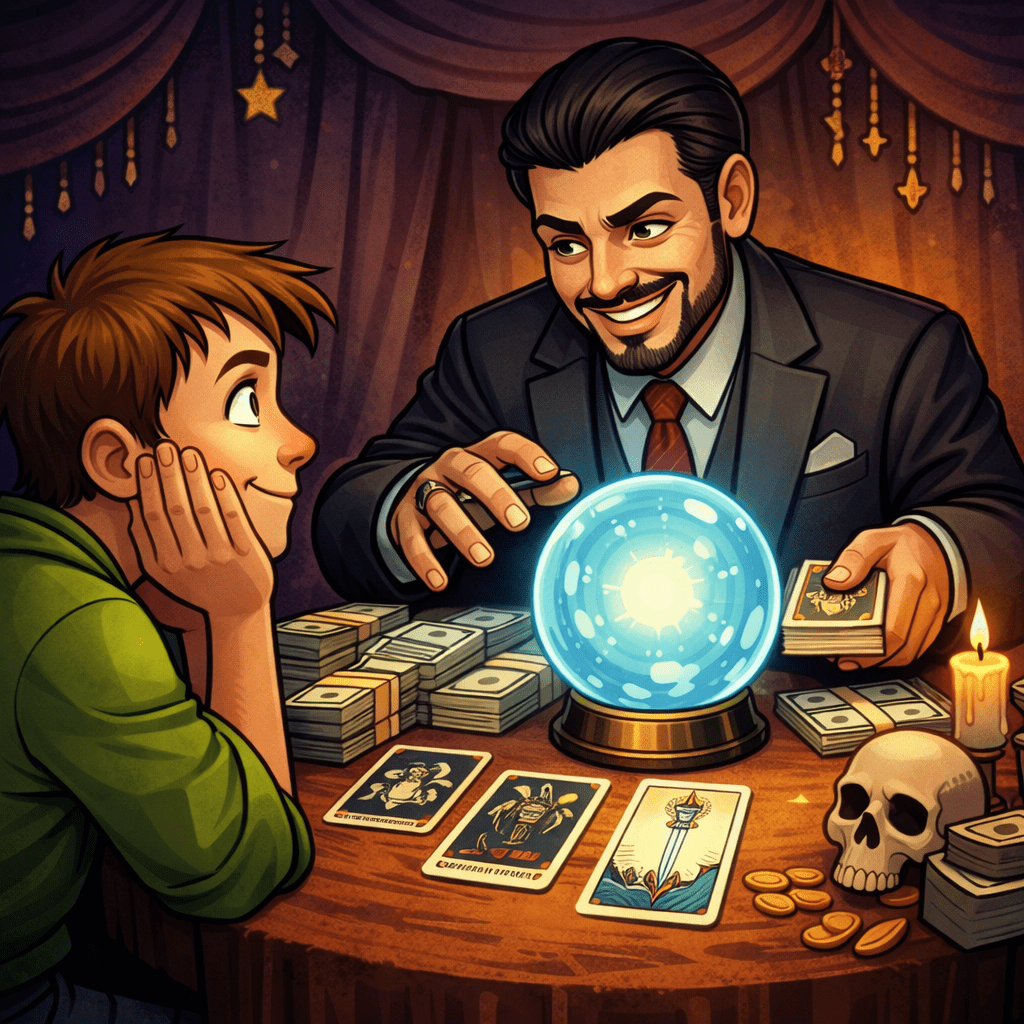 Fortune teller with crystal ball and tarot cards reading to boy